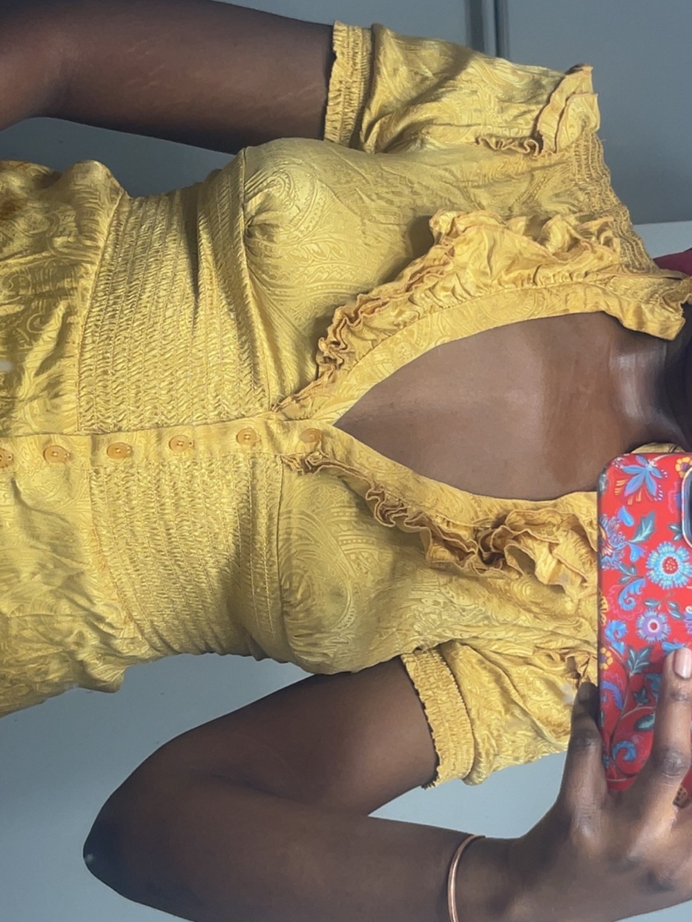 Bebe silk Yellow Ruffled Button-Front Top